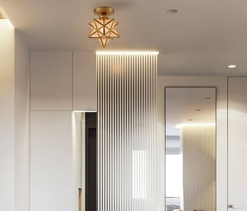 Modern Moravian Star Ceiling Light with Seeded Glass 8 Inches Brass