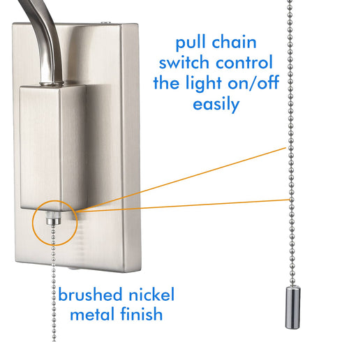 Modern Plug-in Wall Light Brushed Nickel Swing Arm Wall Lamp