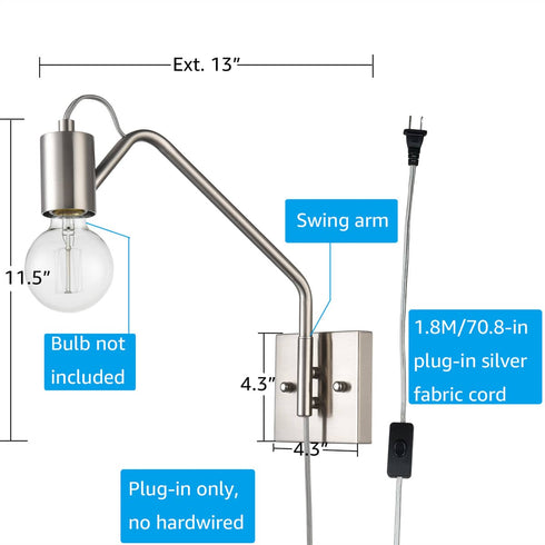 Modern Plug-in Wall Sconces Lighting Set of 2 with Switch, Brushed Nickel