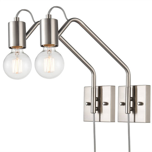 Modern Plug-in Wall Sconces Lighting Set of 2 with Switch, Brushed Nickel