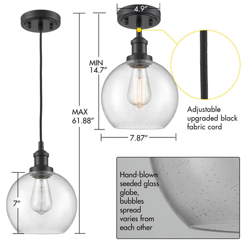 Modern Seeded Glass Globe Pendant Light Kitchen Island, Black