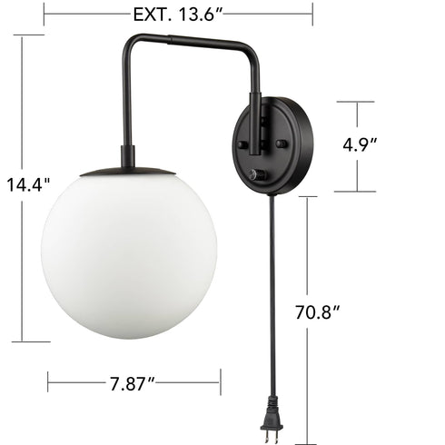 Modern Plug-in Wall Sconce Globe Swing Arm, Black with Switch