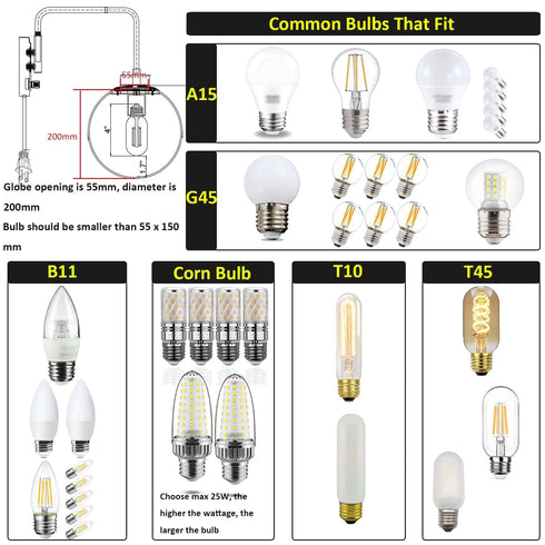 Modern Plug-in Wall Sconce Globe Swing Arm, Black with Switch