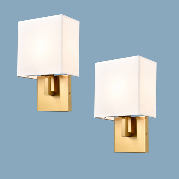 Modern Wall Lamp Brass Finish with White Fabric Shade Bedside