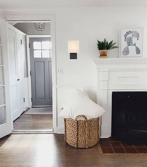 Modern Wall Sconce Black Metal with Khaki Fabric Shade Bedside