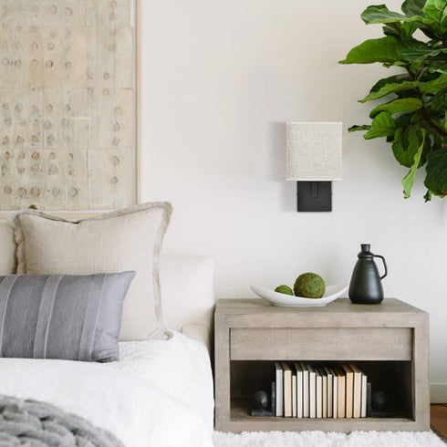 Modern Wall Sconce Black Metal with Khaki Fabric Shade Bedside