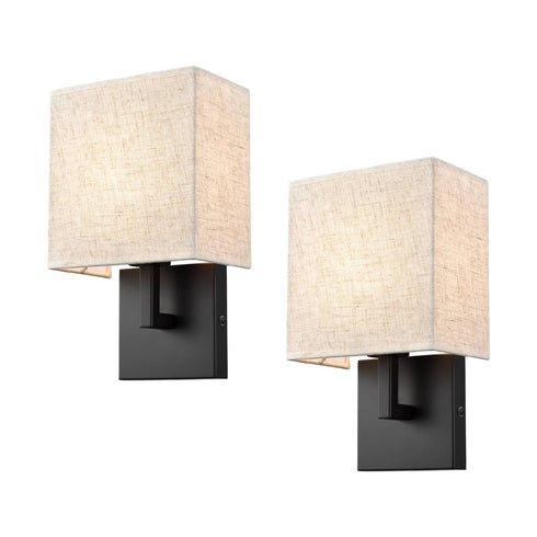 Modern Wall Sconce Black Metal with Khaki Fabric Shade Bedside