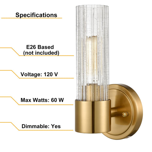Modern Wall Sconce Light Brass Vanity Light with Crackle Glass