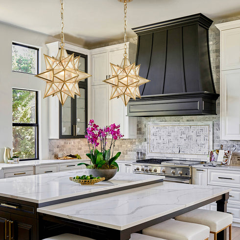 Moravian Star Pendant Chandelier Seeded Glass Gold Light 19 Inches