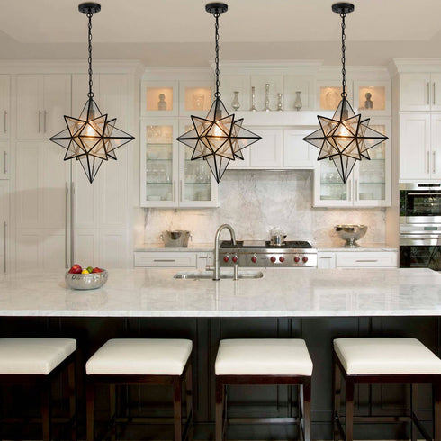 Moravian Star Pendant Lights Black Seeded Glass Shade 19 Inches