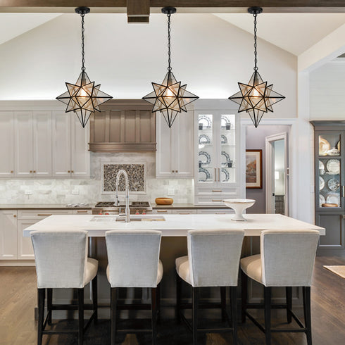 Moravian Star Pendant Lights Black Seeded Glass Shade 19 Inches