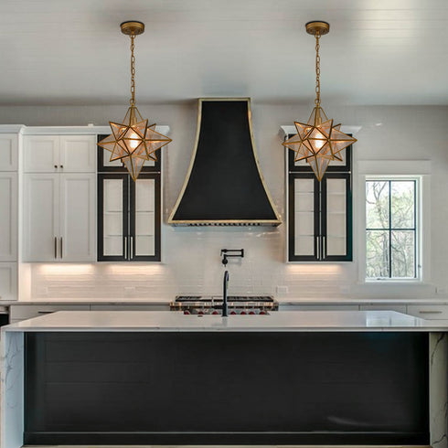 Moravian Star Pendant Lights Gold Finish Seeded Glass Shade 16 Inches