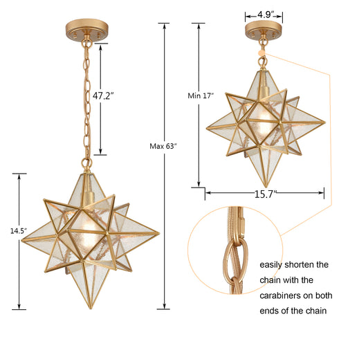 Moravian Star Pendant Lights Gold Finish Seeded Glass Shade 16 Inches