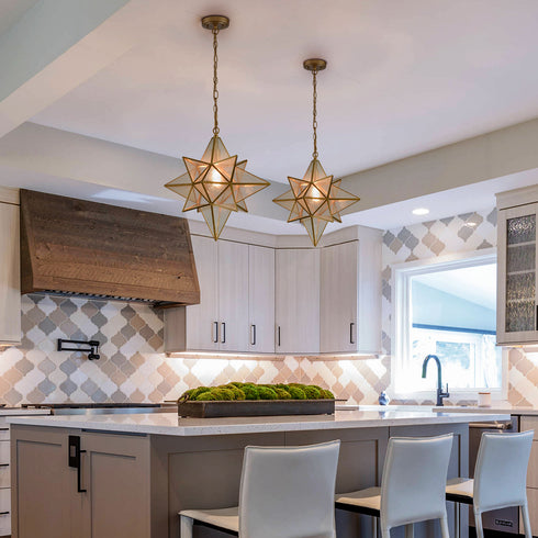 Moravian Star Pendant Lights Gold Finish Seeded Glass Shade 19 Inches