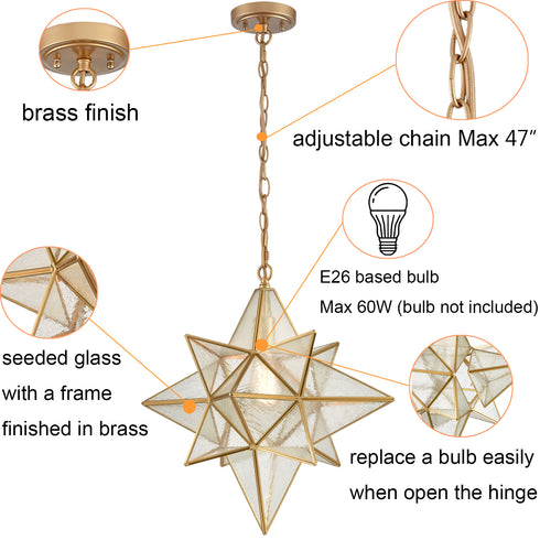 Moravian Star Pendant Lights Gold Finish Seeded Glass Shade 19 Inches