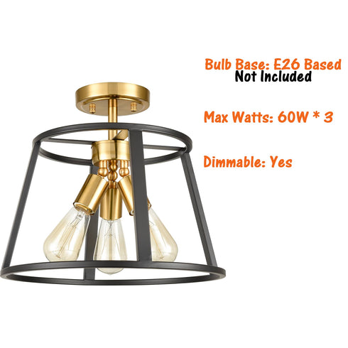 Modern 3-Light Semi Flush Mount Ceiling Light Brass and Black