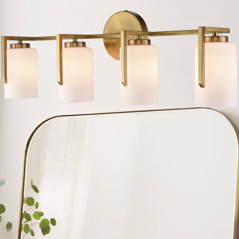 Modern 4-Light Gold Vanity Light Bathroom with Opal Cylinders