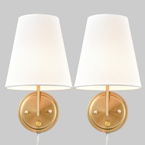 Fabric Shade Bedside Wall Lamp Set of 2 Plug in Wall Lights Brass Finished