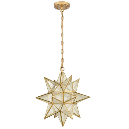 Moravian Star Pendant Chandelier Seeded Glass Gold Light 19 Inches