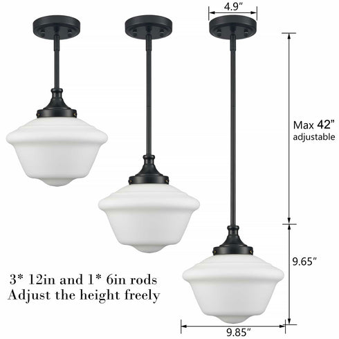 Black Schoolhouse Pendant Light Fixture with Milk Glass Shade