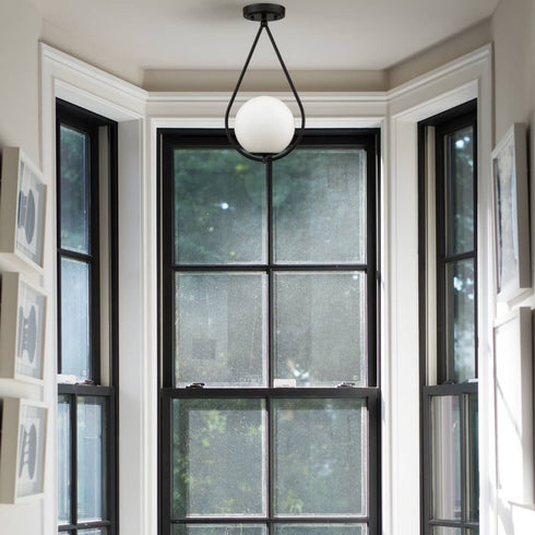 Modern Globe Opal Glass Semi Flush Ceiling Light, Black