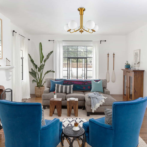 5-Light Mid-Century Modern Gold Semi Flush Mount Globe Ceiling Chandelier Light