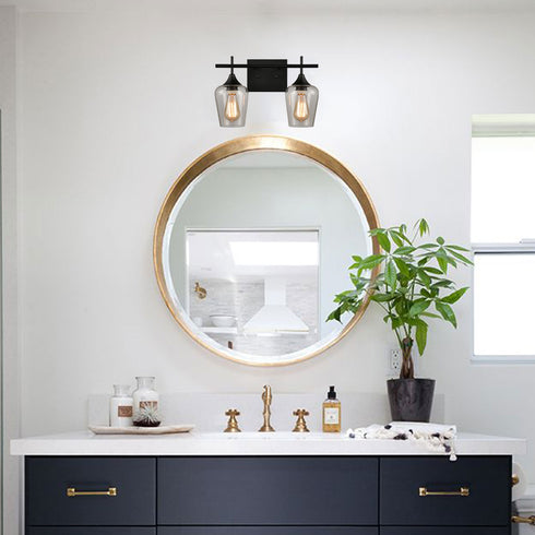 2-Light Bathroom Vanity Lighting Clear Glass Wall Sconces Matte Black