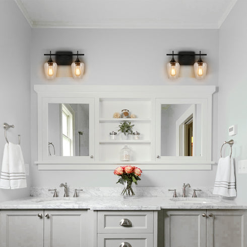 2-Light Bathroom Vanity Lighting Clear Glass Wall Sconces Matte Black
