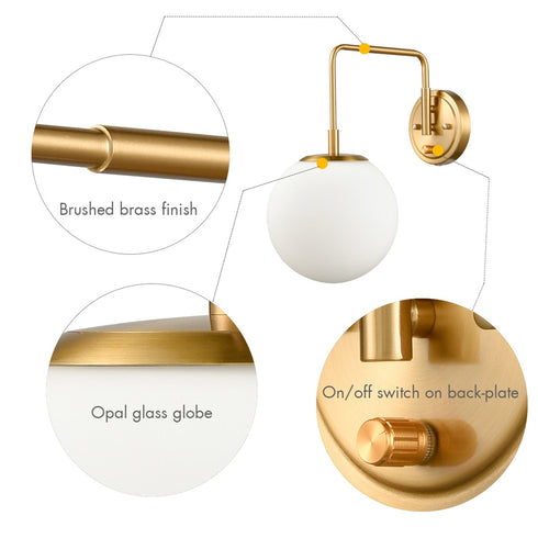 Plug-in Brass Wall Sconce Opal Globe Glass Modern Wall Sconce