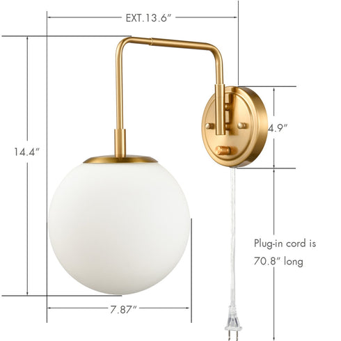 Plug-in Brass Wall Sconce Opal Globe Glass Modern Wall Sconce