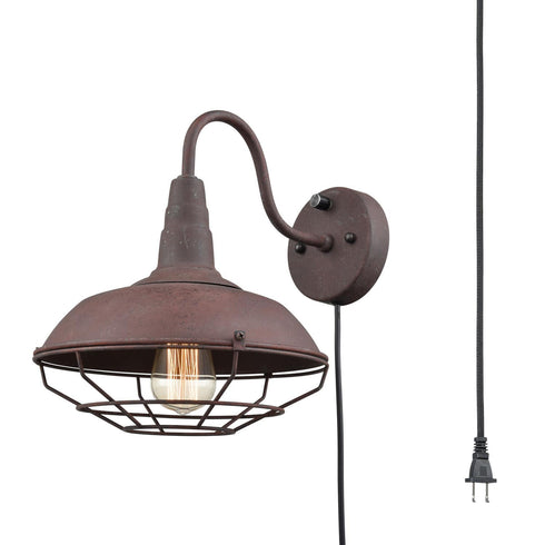 Plug in Industrial Rust Gooseneck Wall Sconce with Cage
