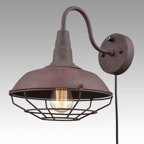 Plug in Industrial Rust Gooseneck Wall Sconce with Cage