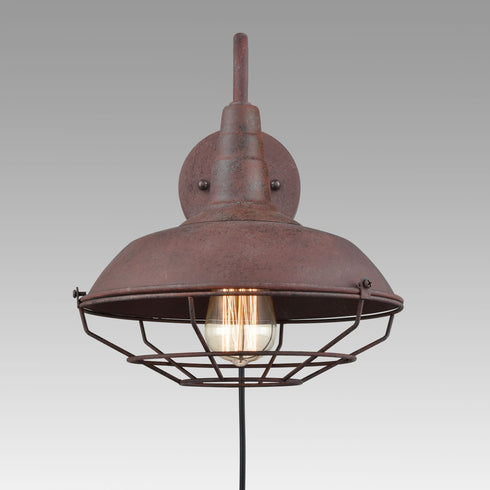 Plug in Industrial Rust Gooseneck Wall Sconce with Cage