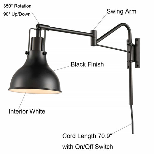 Plug-in Wall Sconce Set of Two Wall Light Black Swing Arm Wall Lamp