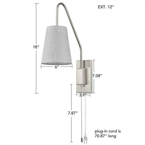 Plug-in Wall Sconce for Bedroom Lamps Set of 2 Pull Chain Switch, Brushed Nickel