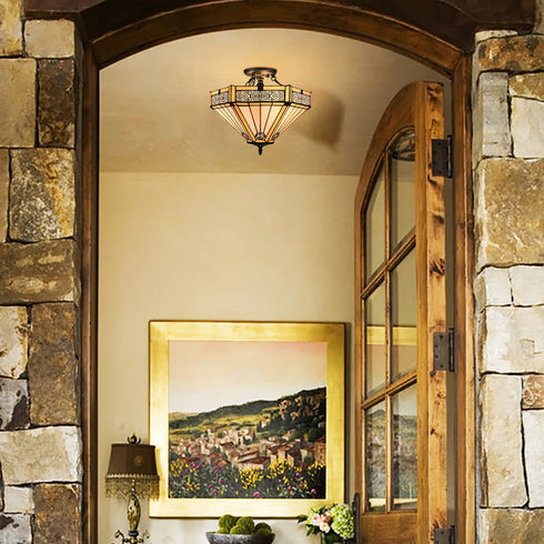 Tiffany Style Ceiling Light Stained Glass Semi Flush Mount Light