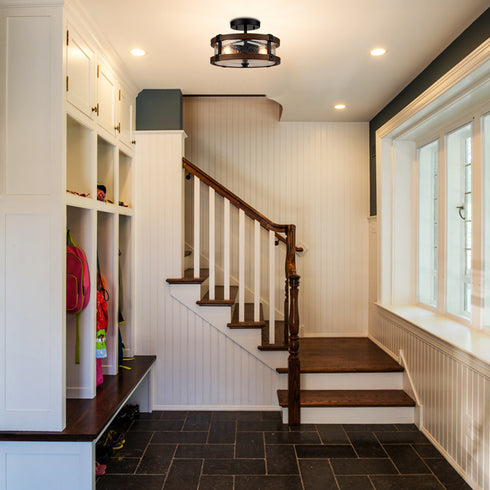 2-Light Farmhouse Wood Grain Paint with Black Metal Semi Flush Mount Ceiling Light with Seeded Glass