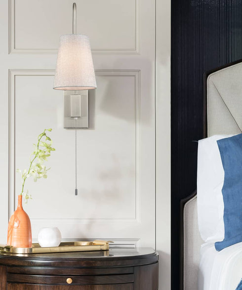 Plug-in Wall Sconce for Bedroom Lamps Set of 2 Pull Chain Switch, Brushed Nickel