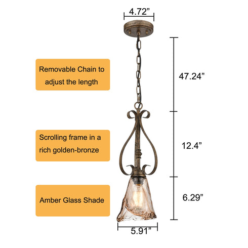 Vintage Glass Pendant Light Mini Kitchen Light with Amber Glass