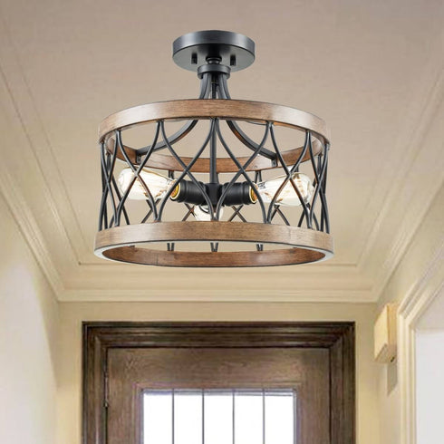 Portici Retro Drum Wood Metal Cage Semi Flush Mount Ceiling Light 3 Lights