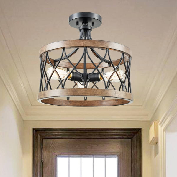 Portici Retro Drum Wood Metal Cage Semi Flush Mount Ceiling Light 3 Lights