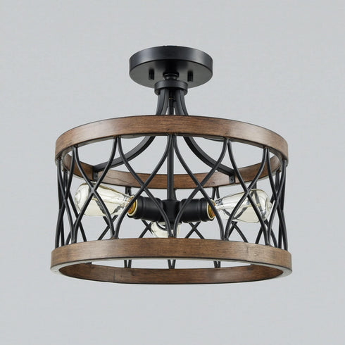 Portici Retro Drum Wood Metal Cage Semi Flush Mount Ceiling Light 3 Lights