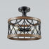 Portici Retro Drum Wood Metal Cage Semi Flush Mount Ceiling Light 3 Lights