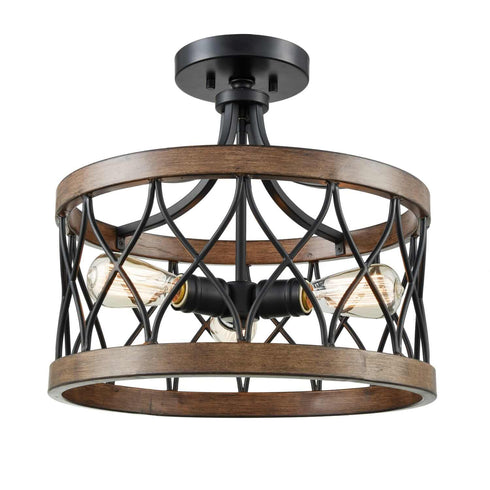 Portici Retro Drum Wood Metal Cage Semi Flush Mount Ceiling Light 3 Lights