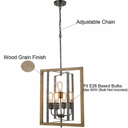 Rustic 5-Light Kitchen Island Chandelier in Wood Grain Finish
