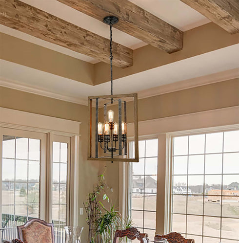 Rustic 5-Light Kitchen Island Chandelier in Wood Grain Finish