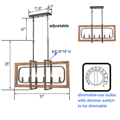 6-Light Wood Pendant Chandelier for Dining Room Rust Brown