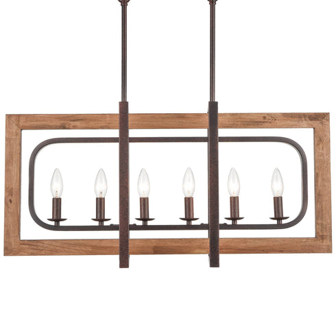 6-Light Wood Pendant Chandelier for Dining Room Rust Brown