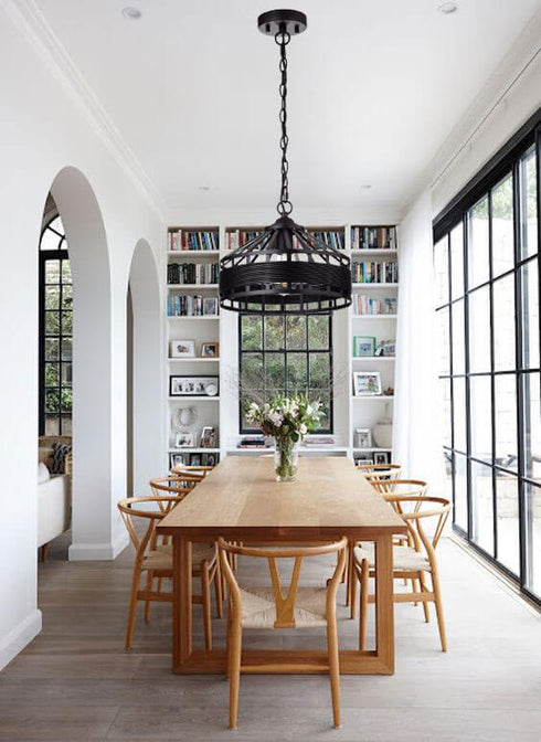 Rustic Black Drum Pendant Light Hanging Chandelier