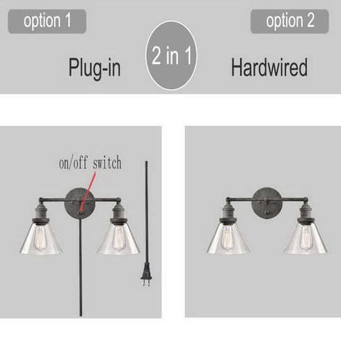 Rustic Mycete Glass 2 Light Hardwired & Plug in Bath Wall Sconce